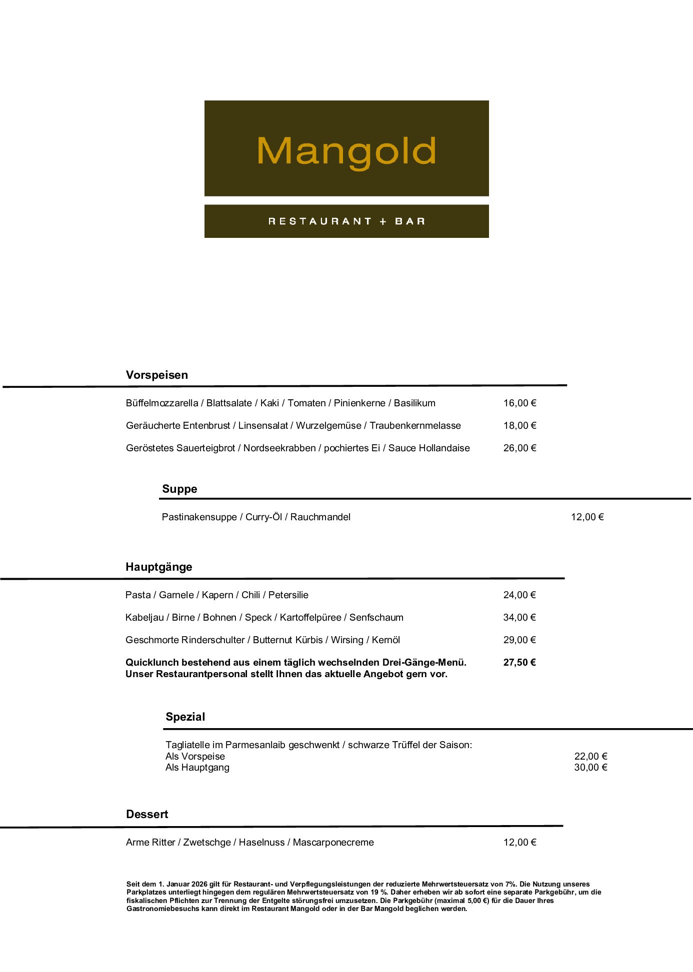 Mittagskarte Restaurant Mangold KW 43