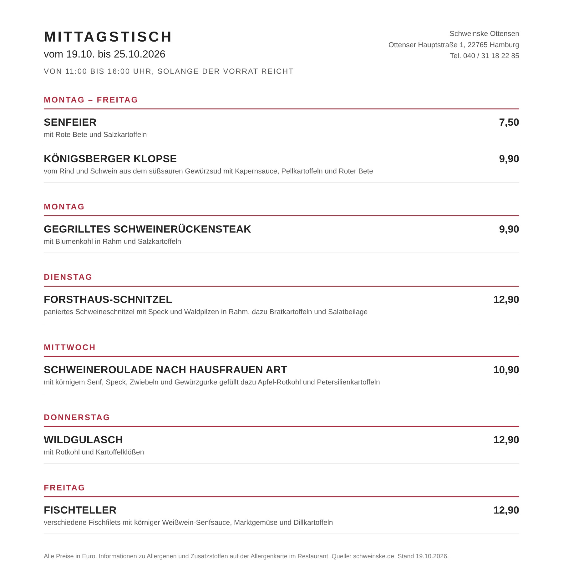 Mittagstisch Schweinske Ottensen 19. bis 25. Oktober 2026